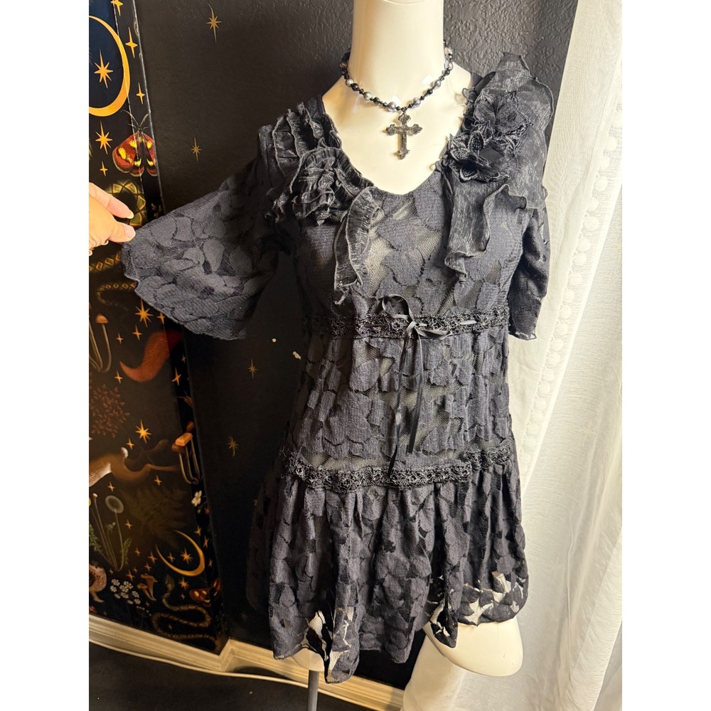Pretty Angel Black Lace Ruffle Mini Dress Gothic Whimsygoth Empire Waist Small